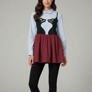 Max Mara Weekend Cat Motif Chatmise Peplum Tunic Top Blue Burgundy Size 8